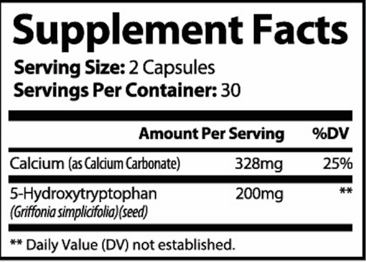 Supplement facts label with calcium and 5-Hydroxytryptophan information.
