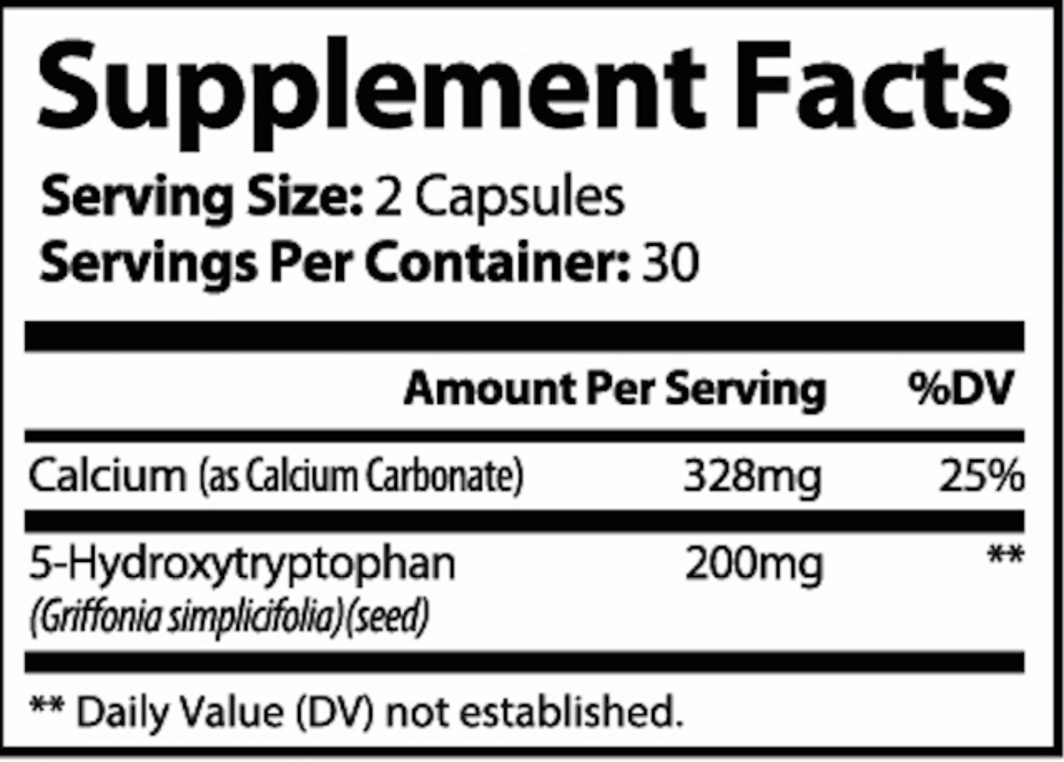Supplement facts label with calcium and 5-Hydroxytryptophan information.