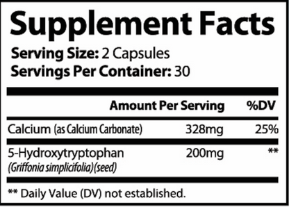 Supplement facts label with calcium and 5-Hydroxytryptophan information.